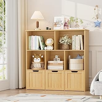 FOTOSOK Toy Storage Organizer with 3 Movable Drawers, Floor Storage Cabinet Toy Chest with Hidden Wheels and 5 Storage Cubbies, Multifunctional Storage Chest for Playroom, Natural