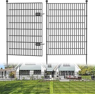 4 Panels No Dig Decorative Outdoor Garden Fence with Gate for Yard, 48 in(H) X 10.5 ft(L) Animal Barrier Fencing Rustproof Metal Wire Panel Border for Dog, Rabbits, and Patio Temporary Ground Stakes