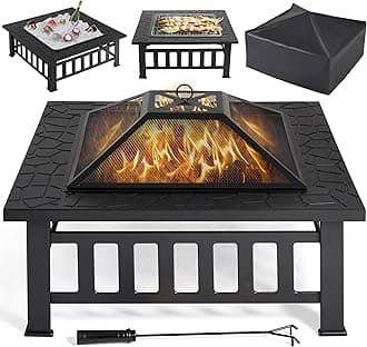 Yaheetech 34in Fire Pit Table Outdoor Wood Fire Pits Fire Pits for Outside Patio Square Steel Stove with Mesh Screen, Waterproof Cover & Poker for Bonfire Camping