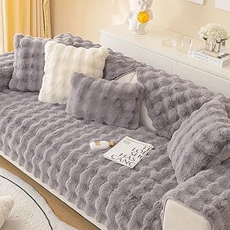 MERRYLIFE Thick Plush Faux Rabbit Fur Sofa Slipcovers 1-Piece Non-Slip Warm Soft Cozy Couch Covers Pillow Covers Furniture Protector (Grey, Sofa Cushion 90 * 160cm)