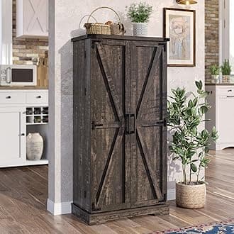 50" Kitchen Pantry Cabinets - Led Food Storage Cabinets Cupboards with Farmhouse Doors with Racks and Shelves Adjustable for Small Space in Dinning Room, Living Room, in Rustic Brown