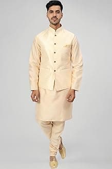 Uri and MacKenzie Men's Silk Blend Regular Kurta Churidar Pyjama with Bundi Nehru Jacket/Waistcoat