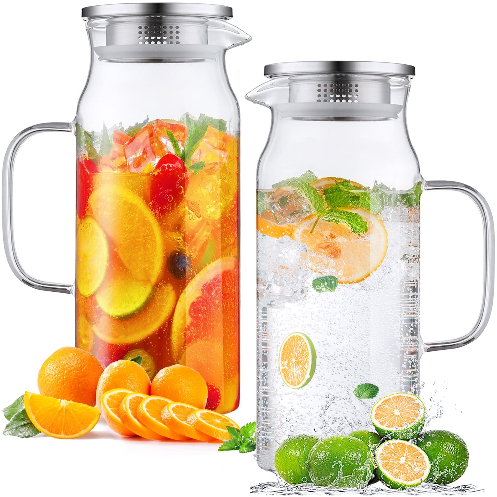 Bivvclaz 2 Pack 2 Liter 68 oz 2.1 Qt Glass Pitcher with Lid and Handle, Water Pitcher for Fridge, Glass Carafe for Hot/Cold Water, Large Iced Tea Pitcher for Coffee, Juice and Homemade Beverage