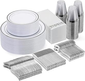 Goodluck 350 Pieces Silver Dinnerware Set for 50 Guests, disposable Plastic Plates for Party, Include: 50 Dinner Plates, 50 Dessert Plates, 50 Paper Napkins, 50 Cups, 50 Silverware set