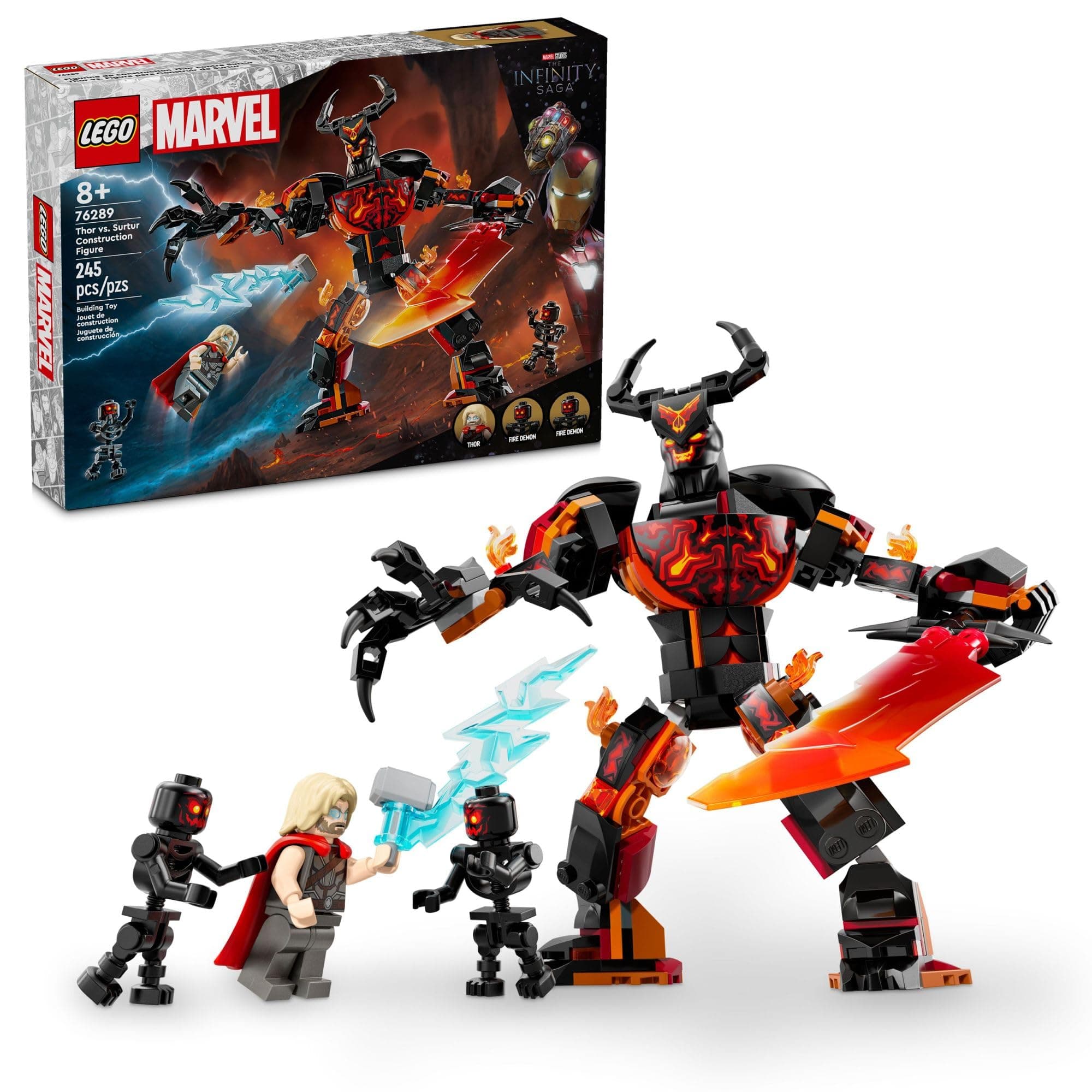 Marvel Thor vs. Surtur Construction Figure, Buildable Thor Super Hero Toy for Kids, Marvel Action Figure Playset with 3 Minifigures, Marvel Gift for Boys and Girls Ages 8 and Up, 76289