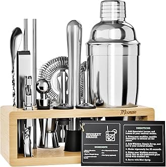 Mixology Bartender Kit with Stand - 15 Piece Bar Tool Set, Silver Bar Set Cocktail Shaker Set for Drink Mixing - Includes Martini Shaker, Jigger, Strainer, Bar Mixer Spoon, Tongs | Gift Idea (Natural)