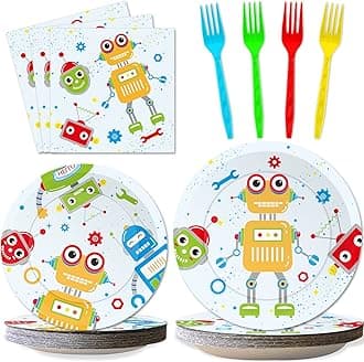 Wiooffen 96pcs Robot Birthday Party Decorations Supplies Paper Plates Napkins Disposable Cake Dessert Tableware Set Robots Theme Baby Shower Favors For Boys Kids, Serve 24