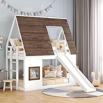 Twin Over Twin House Bunk Bed Frame with Roof,Window,Ladder and Slide for Boys Girls, White & Brown