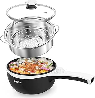 Dezin Hot Pot Electric with Steamer Upgraded, Non-Stick Sauté Pan, Rapid Noodles Electric Pot, 1.5L Mini Pot for Steak, Egg, Fried Rice, Ramen, Oatmeal, Soup with Power Adjustment