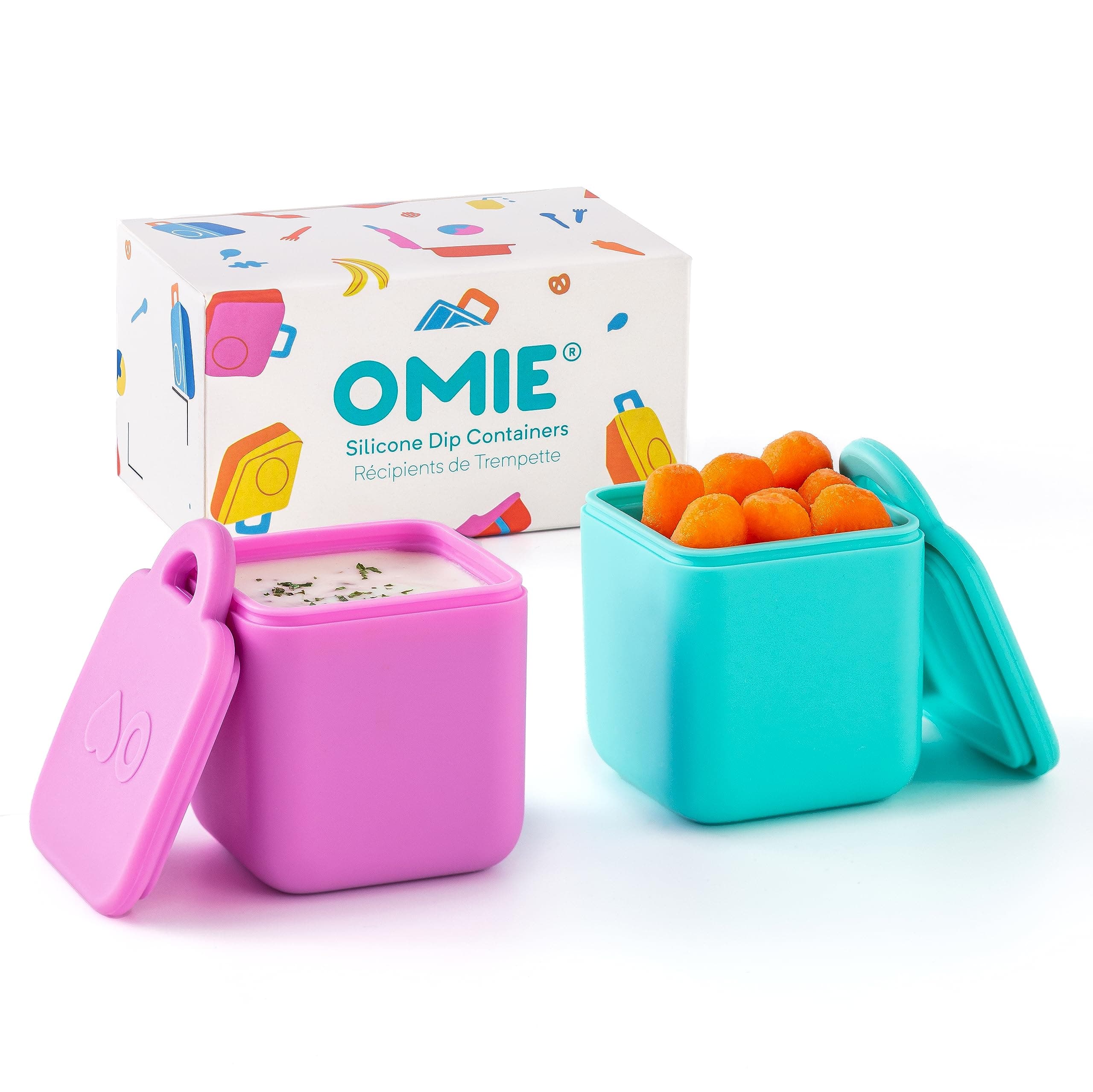 OmieBox (2 Pack) Leakproof Dips Containers to Go, Salad Dressing Container, Condiment Container with Lids - Food Safe Silicone - 4 Ounces (Pink/Teal)