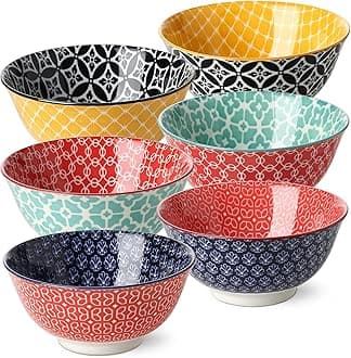DOWAN Soup Bowls Set of 6, 23 OZ Cereal Bowls for Kitchen, Ceramic Colorful Bowl for Ramen, Salad, Dessert, Snack, Housewarming Gift, Dishwasher & Microwave Safe