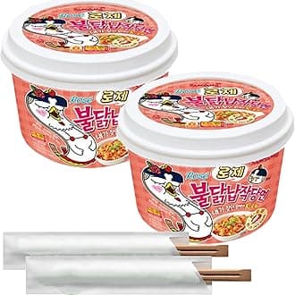 Samyang Buldak Rose Wide Flat Glass Noodles Korean Fire Challenge Microwaveable (2pack x 5.98 oz ea) + 2 OHMARKET Chopsticks| 삼양 로제 불닭 납작당면