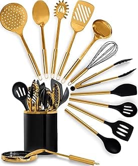 STYLED SETTINGS Black and Gold Cooking Utensils Set - 13-Piece Kitchen Set with Black Ceramic Utensil Holder and Stackable Gold Spoon Rest - Luxury Kitchen Accessories for Stylish Cooking and Serving