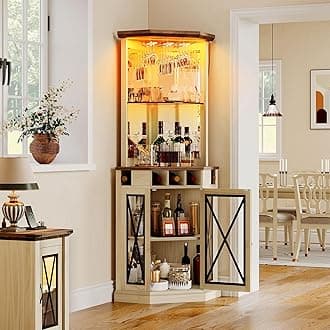 YITAHOME Corner Bar Cabinet with LED Lights, 72" Tall Farmhouse Wine Bar Cabinet w/Visualization Glass Door & Adjustable Shelves, Home Bar w/Wine and Glass Rack for Dining Room, White Walnut Grain