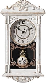Clockswise Vintage Grandfather-Style Wall Clock with Wood-Effect Plastic Pendulum Battery-Operated for Home Decor Living Room Home Office Kitchen or Dining Room (White, 16 Inch)