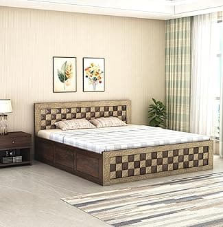 Wooden King Size Bed with Storage | Double Bed Cot Bed with Box Storage | Bed with Diamond Cut Brass Work for Bedroom & Hotel | Sheesham Wood | Walnut Finish, Recommended Mattress Size: 78 X 72