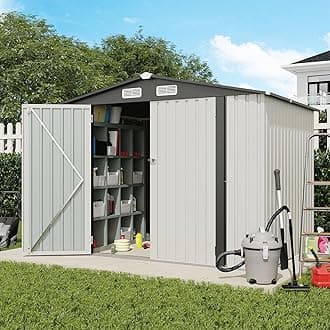 8x6 FT Outdoor Storage Shed, Galvanized Steel Metal Garden Shed, Double Door W/Lock, Outdoor Storage Tool House for Backyard, Patio, Lawn