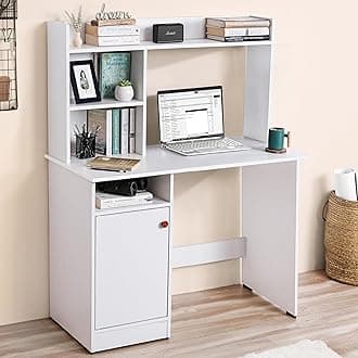 Wooden Study Table with Hutch & Bottom Storage - Office Desk - Office Table for Laptop, PC-Engineering Wood Working, Drawing Computer table Table for Home (White - L 100 x B 50 x H 134 cm)