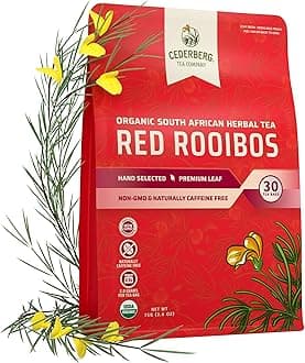 Red Rooibos Tea Bags USDA Certified South African Organic Herbal Tea, Naturally Caffeine Free Tea, Non-GMO, Premium Leaf, Rich in Antioxidants, 30 Count