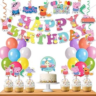 Festiko® Cartoon Pig Theme Happy birthday Party Decoration Combo (36 Pcs), Cartoon Pigs party Favors for Kids Birthday Decoration(Banner/Bunting,Swirls,Balloons,Cake Toppers,Cup Cake Topper,Ribbons)