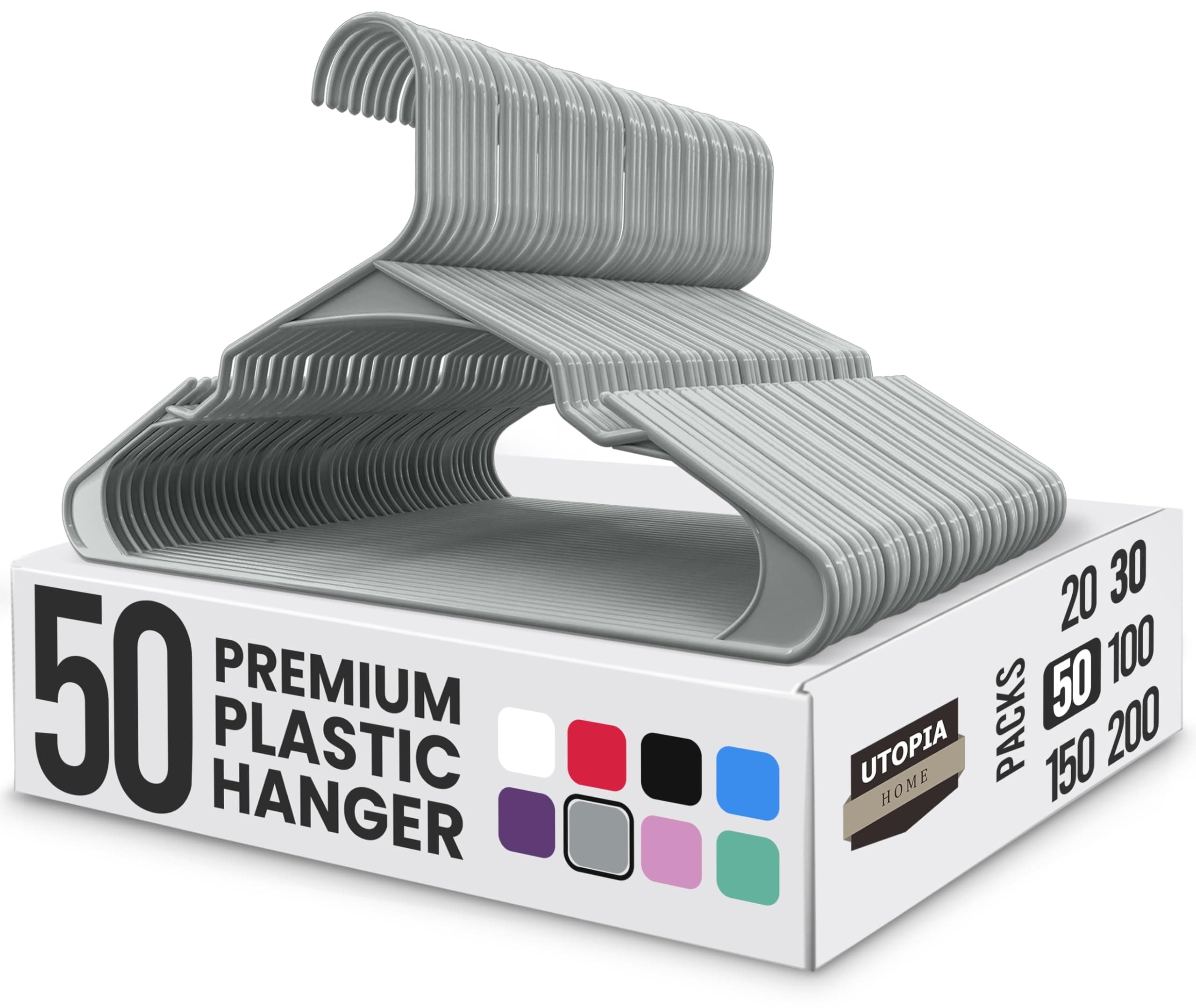 Plastic Hangers 50 Pack - Perfect Space Saving Clothes Hanger - Durable and Strong - Perfect Closet Organizers with Shoulder Grooves (Grey)
