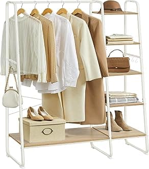 VASAGLE Clothes Rail, Clothes Rack with Shoe Shelf, 5-Tier Storage Rack, 6 Side Hooks, for Bedroom, Living Room, Natural Oak and White RGR116W09