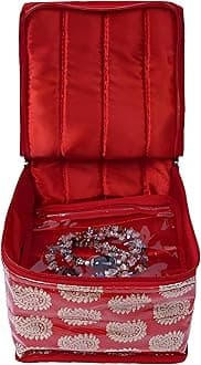 Kuber Industries Brocade Jewellery Box/Organizer with 10 Pouch - Red -CTKTC021464
