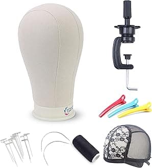 Eerya 21"-23" Canvas Block Head Set for Wig Display Making Hair Weave and Styling Mannequin Head with Mount Hole (C Stand, Styling Hair Clips, T Needle, C Needles, Thread, Lace Wig Caps) (22 inch)