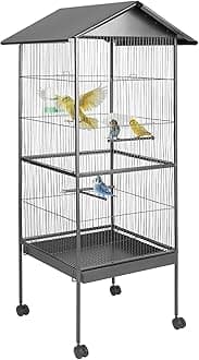 tectake® Large Bird Cage on Wheels with Pitched Roof, 2 Sliding Doors & Sand Tray, Incl. Feeding Station, Water Dispenser & 4 Perches, Ideal Parrot, Canary, Cockatiel & Budgie Cage - 65 x 66 x 162 cm