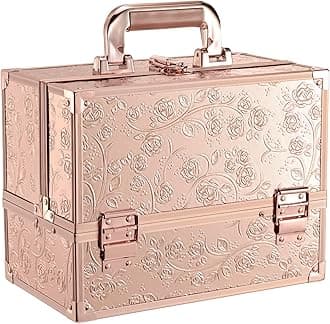 FRENESSA Makeup Case 11.8 Inch Makeup Organizer Case Large Cosmetic Box with Mirror Portable 3 Trays Travel Storage Box for Make Up Nail Tech Kits Cosmetology Case 3D Rose Gold Floral
