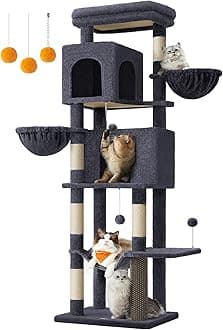 Feandrea Large Cat Tree, 175 cm Tall Cat Tower, Multi-Level Cat Condo with 2 Caves, 2 Baskets, 5 Scratching Posts, Self-Groomer, Perch, Hammock, for Indoor Cats, Dark Grey PCT182G02