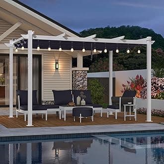 PURPLE LEAF 10' x 13' Outdoor Aluminum Pergola White Heavy-Duty Retractable Pergolas Patio Metal Pergola with Double Sun Shade Canopy and String Lights for Backyard Gardens Deck,Navy Blue