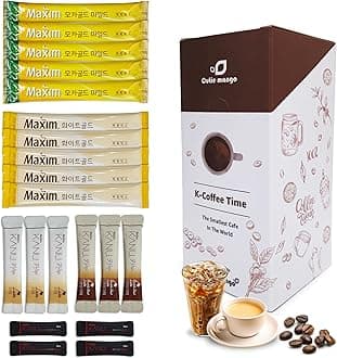 CUTIE MANGO Maxim & KANU Premium Korean Instant Coffee Sampler White, Mocha Gold, Americano, Latte Café-Style Camping Party Easy-to-Mix Single Serve Packets Variety Pack 20 Sticks (6 Flavors)