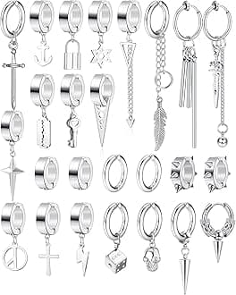 25 Pcs Clip on Earrings for Men Stainless Steel Cross Chain Dangle Earrings Black Fake Earrings for Men Women Non Pierced Huggie Hoop Earrings Set