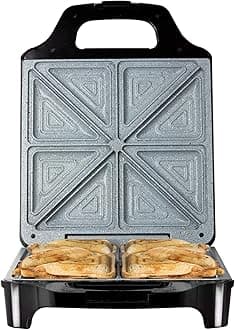 Tower T27021 4 Slice Deep Fill Sandwich Maker with Extra-Deep, Non-Stick Ceramic Coated Plates, Automatic Temperature Control, 1600W, Black