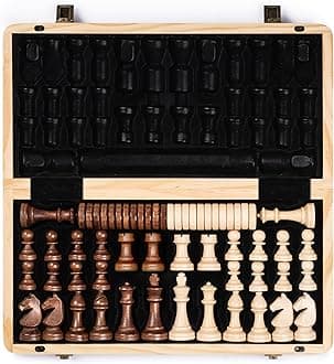 15" Magnetic Wooden Chess & Checkers Set/Folding Board / 3" King Height German Knight Staunton Chess Pieces/Walnut & Maple Inlaid /2 Extra Queen