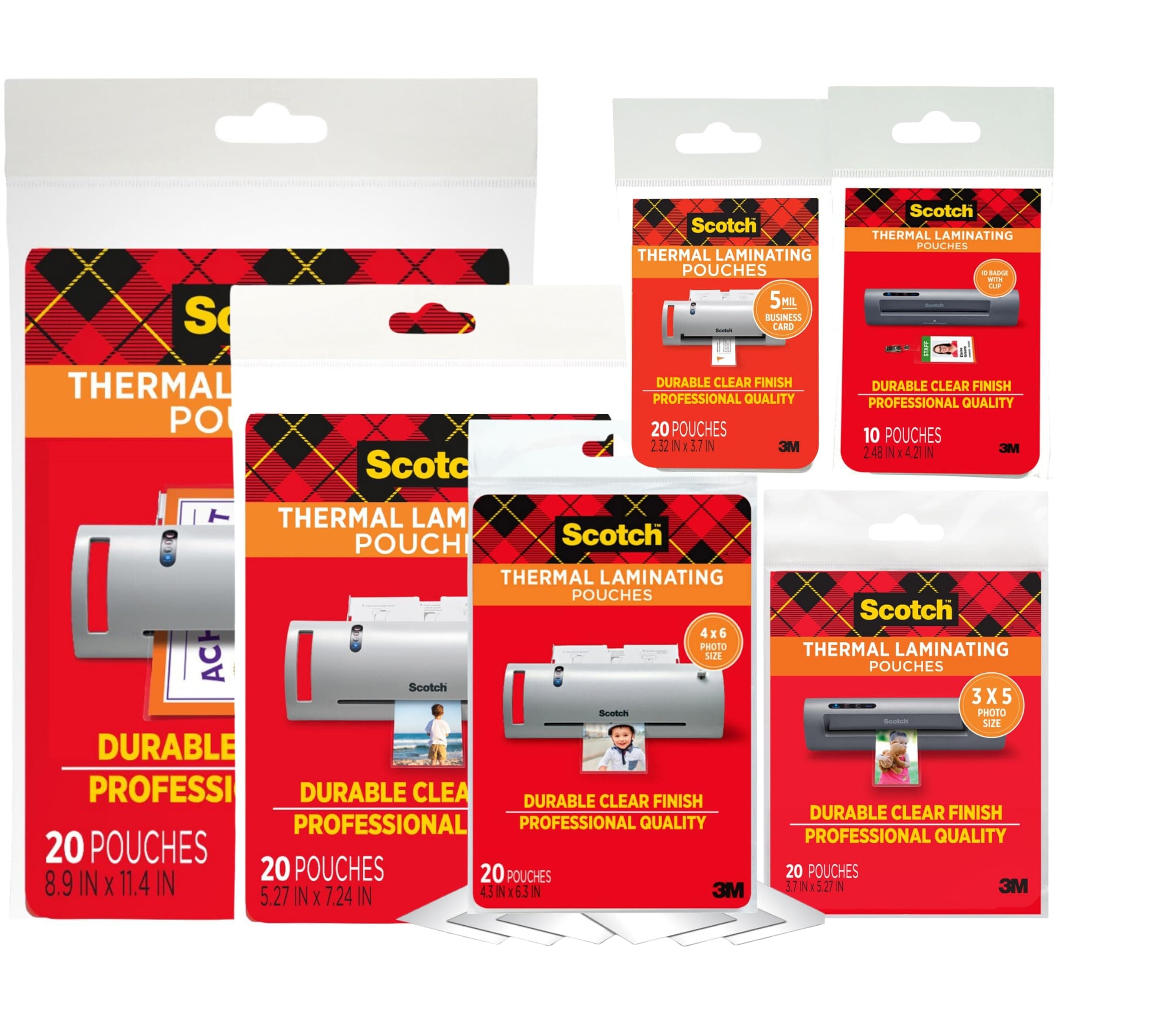 3M Thermal Laminating Pouch Variety Pack, 110 Assorted Clear Pouches (6 Sizes, from Small ID 2.52" x 4.25" to Letter 9" x 11.4"), 3 mil & 5 mil for Documents, Photos, Cards, Badges