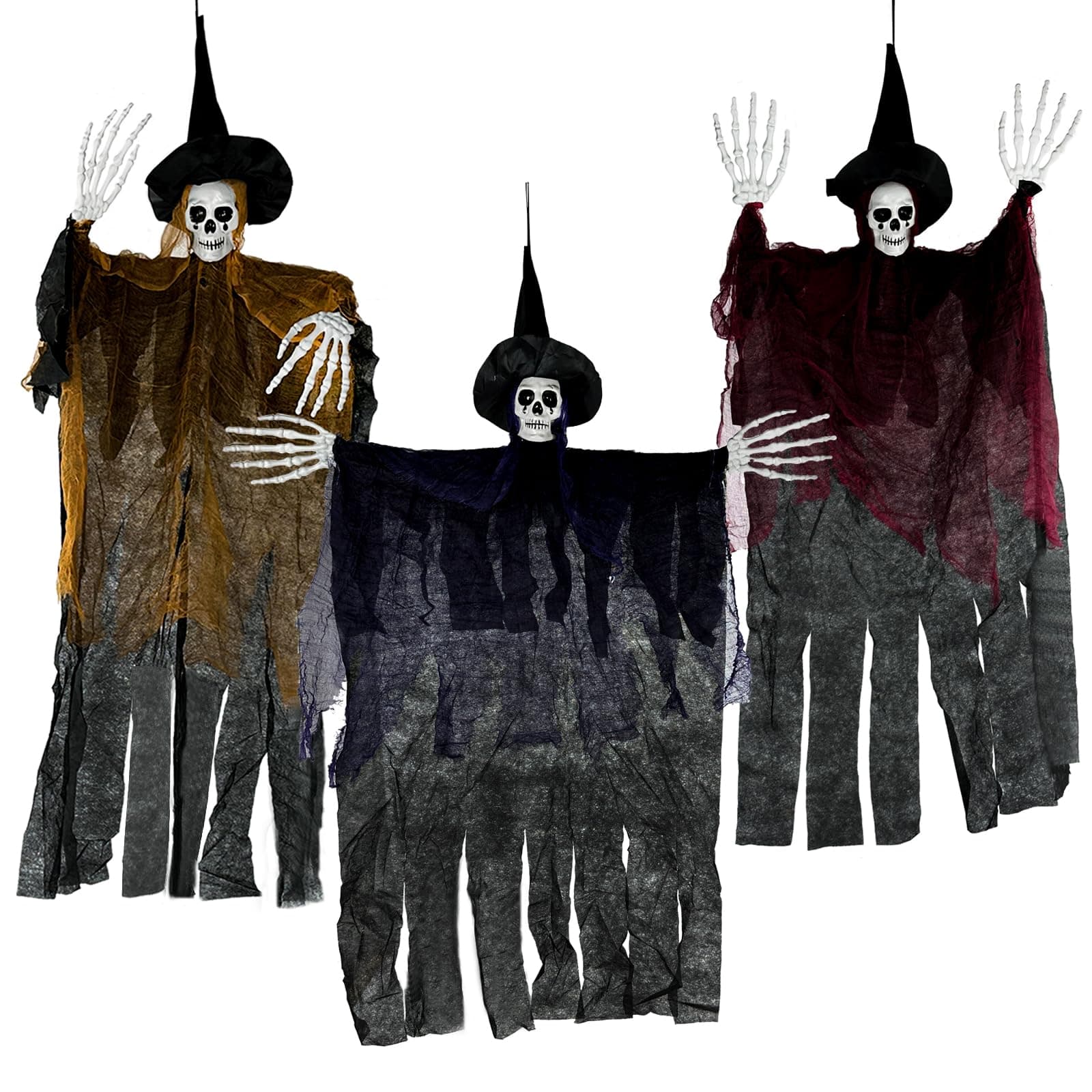XMPEKO 3 Pack Halloween Decorations Witch Hangs Ghost, Hanging Grim Reaper Skeleton Prop for Halloween Decor Party Haunted House Indoor Outdoor