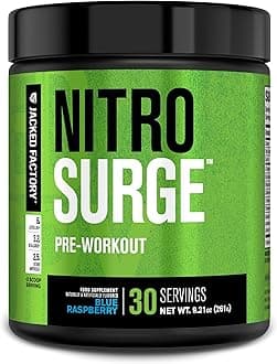 Nitrosurge Pre Workout Powder - 6g L-Citrulline, 3.2g Beta Alanine, 2.5g Betaine Anhydrous, 360mg Caffeine Anhydrous - 30 Servings, Blue Raspberry