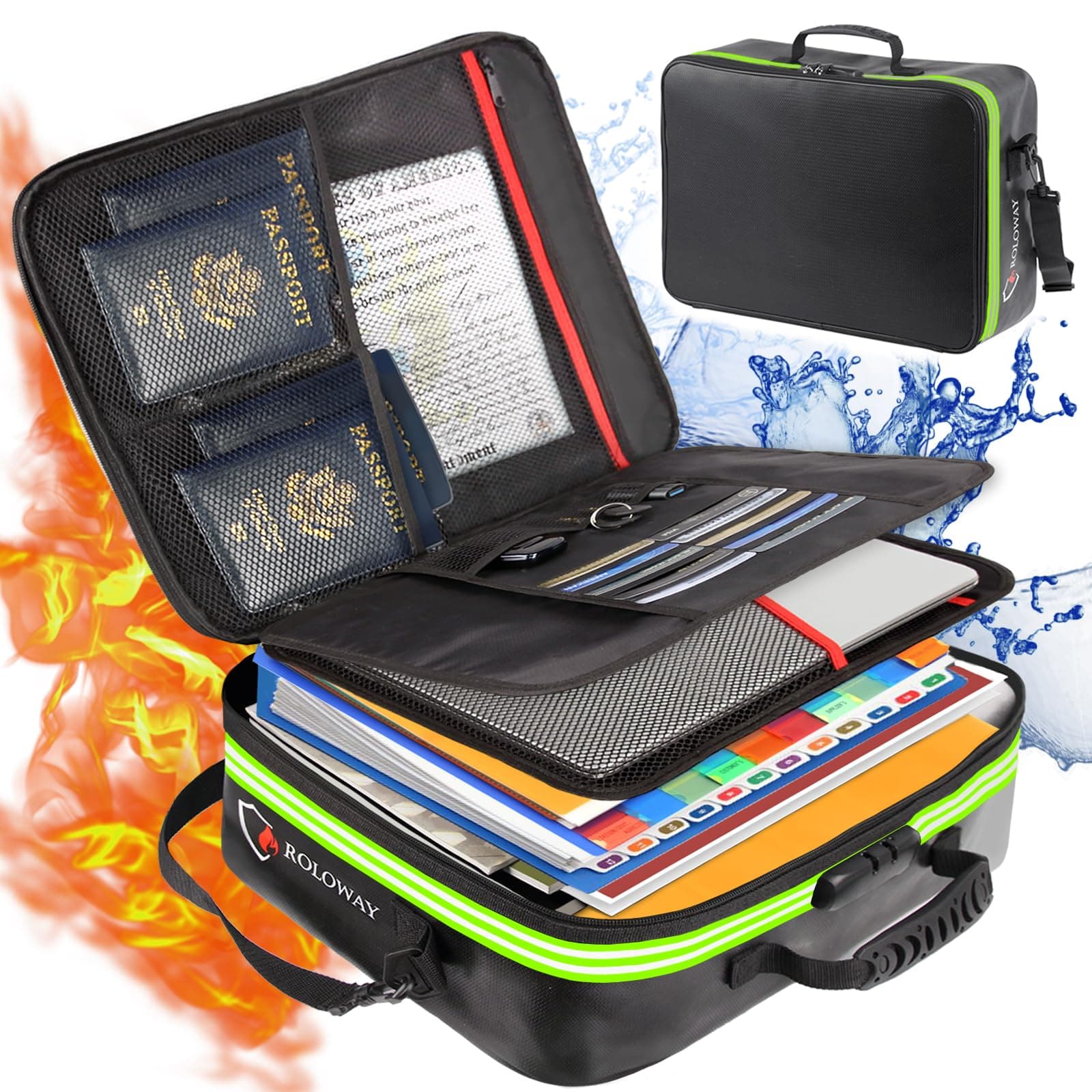 ROLOWAY Fireproof Document Bag with Lock & Reflective Strip (17 x 11.8 x 5 inch), Important Document Storage Bag with Multi-Layer File Organizers (Black)