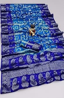 PK HUB Women's Bandhej Banarasi Silk Zari Work Saree with Running Blouse (Saree - 5.5 Meter & Blouse - 0.80 Meter)(Saree Come without Roll Press & Small Holes May Come Due to Hand Die Bandhej)