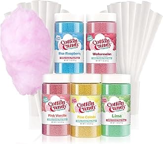 Cotton Candy Express 5 Flavor Floss Sugar Fun Pack with Lime, Watermelon, Pina Colada, Blue Raspberry, & Pink Vanilla Sugar and Cones