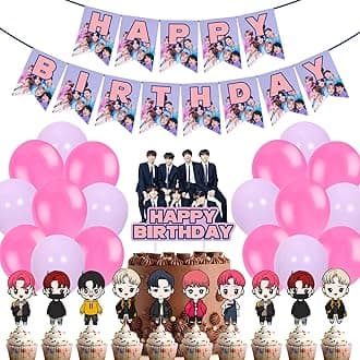 Party Propz BTS Birthday Decorations - 52 Pcs, Birthday Decoration Items For Girls | Happy Birthday Decorations For Girls | Pink & Purple Metallic Balloons For Decoration With Cake Topper
