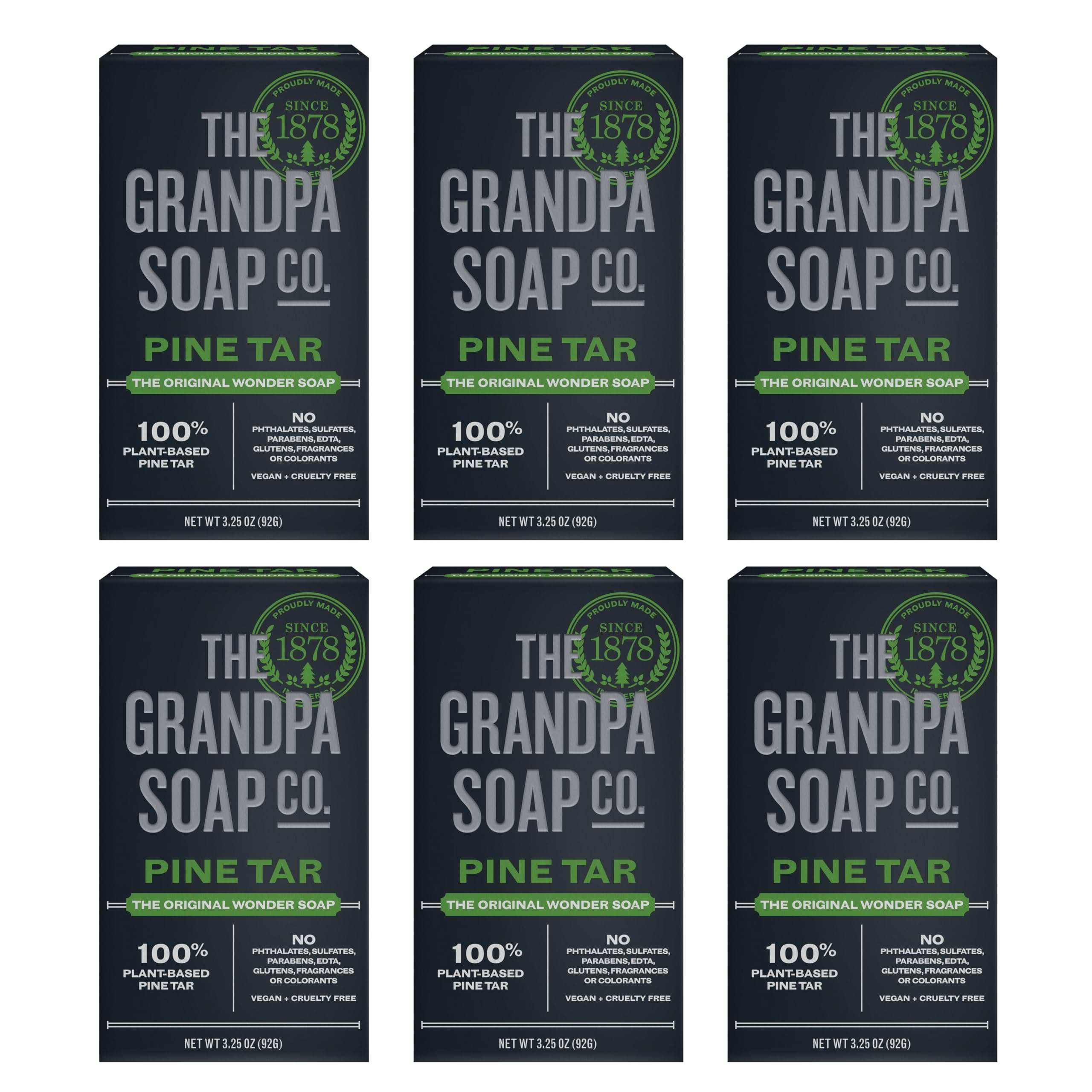 The Grandpa Soap Company Pine Tar Bar Soap for Men- Made With Pine Tar Oil, 3 in 1 Cleanser Deodorizer and Moisturizer, Dermatologist Tested, Safe for Sensitive Skin, 3.25 Oz, 6 Pack