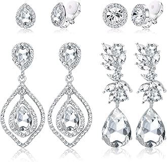 Jstyle 4 Pairs Silver Clip on Earrings for Women Elegant Rhinestone Clip on Earrings Dangle Drop for Brides Bridesmaids Non Pierced Earrings Set