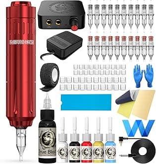 Tattoo Gun, Wormhole Tattoo Kit Tattoo Machine Kit for Beginners with Tattoo Gun Tattoo Power Supply 20 Tattoo Cartridge Needles Tattoo Inks Complete Tattoo Kit WTK147