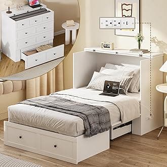 Twin Murphy Bed with Built-in Charging Station, Space-Saving Murphy Bed Chest Twin with Drawer, Foldable, for Home Office Guest Room Bedroom White
