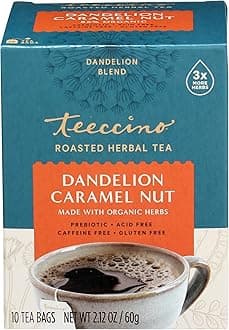 Teeccino Dandelion Caramel Nut Tea - 10 Tea Bags - Caffeine Free, Roasted Herbal Tea with Prebiotics, 3x More Herbs than Regular Tea Bags, Gluten Free