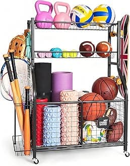 Mythinglogic Garage Sports Equipment Organizer, Ball Storage with Hooks and Baskets Sports Organizer for Garage, Basketball Rack Perfect for Football, Soccer Ball, Bat, Toys