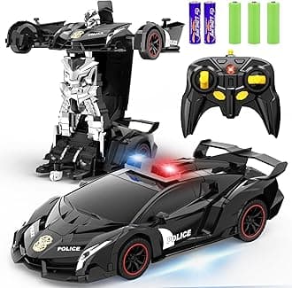 FDJ Remote Control Car - Transform Car Robot, One Button Deformation to Robot with Flashing Light, 2.4Ghz 1:18 Scale Transforming Police Car Kids Toys with 360 Degree Rotating Drifting, Toys